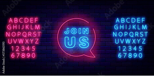 Join us neon sign. Welcome to our team. Job searching design. Recruitment banner. Vector stock illustration