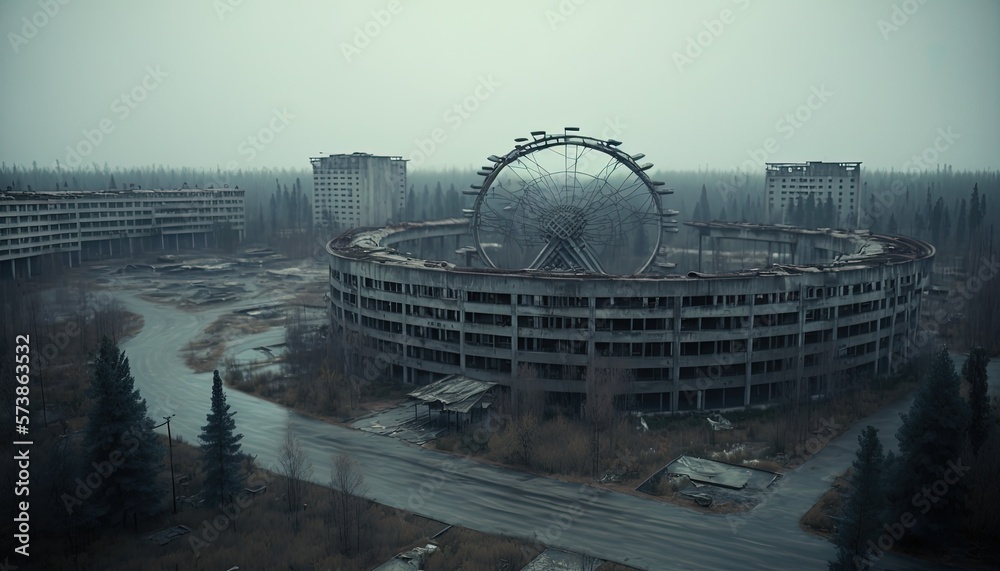 Pripyat, Soviet Union, aerial view, dystopia, dramatic, mist, dense