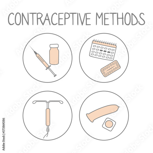 Contraceptive methods icon set. Prevent pregnancy linear simple illustration. Contraception signs. Vector