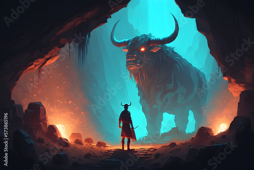 Theseus found the creature minotaur in cave labyrinth greek mythology tale. Neural network AI generated art photo