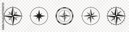 Compass Silhouette Icon Set. Adventure Direction to North, South, West, East Solid Sign. Windrose, Rose Wind Symbol. Navigational Orientation Equipment Glyph Pictogram. Isolated Vector Illustration
