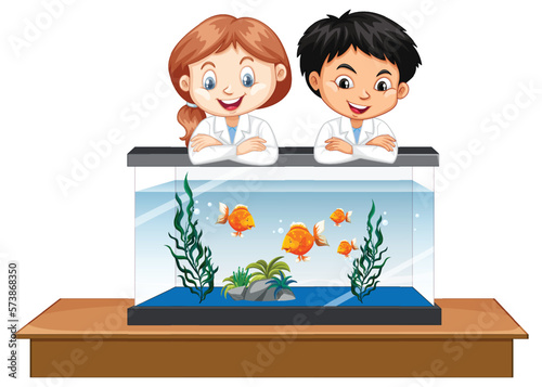 Two kids observe an aquarium fish tank