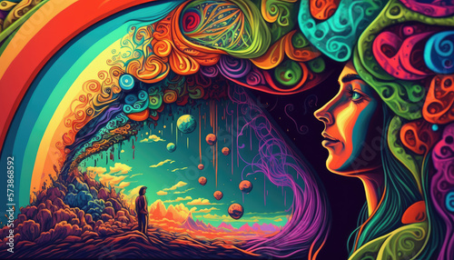 A mesmerizing and surrealistic psychedelic art featuring vibrant and otherworldly colors - a stunning wallpaper background © Kaare