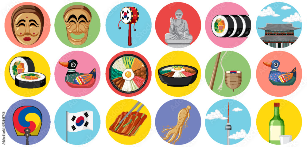 South Korea element nation tradition icons set