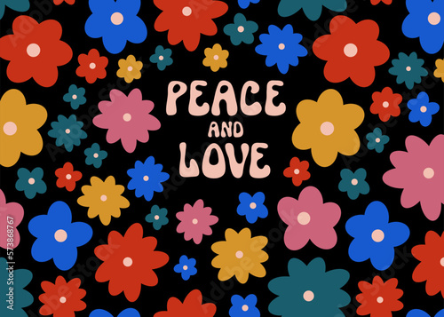 Vector Peace and Love floral groovy psychedelic poster. Trippy hippie 60s greeting card. Saturated colors. Abstract floral backdrop. Colorful flowers positive vibes funky hippie nostalgia postcard photo