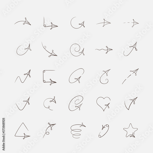 Arrow icons set. Line drawing, cartoon, flat, direction signs. Thin elegant line, contour, geometry. Hand drawn, sketch, isolated. Business plan, education, template. Vector illustration