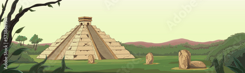 Panoramic view of the Mayan pyramid. Archaeological landmark, ancient temple of Mexican culture. Wildlife scene, jungle, ruins. Hand drawing, outline. Parallax scene effect. Vector illustration.