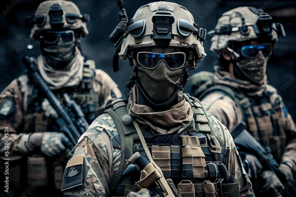 Military Special Forces Unit in Full Combat Gear, Battle, Army, Postproduction generative AI digital illustration. Military Special Forces Unit in Full Combat Gear, Battle, Army, Postproduction generative AI digital illustration.