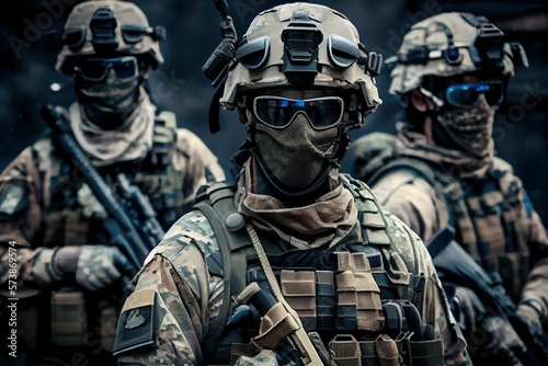 Military Special Forces Unit in Full Combat Gear, Battle, Army, Postproduction generative AI digital illustration. © PrettyStock