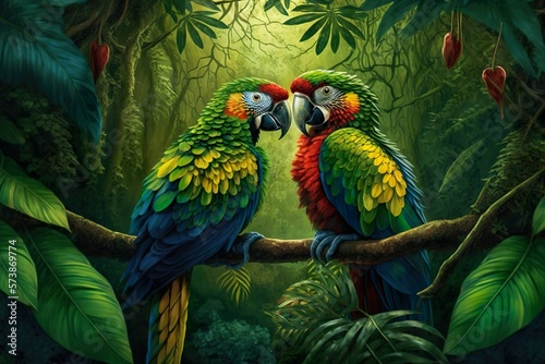 Tropical Jungle Rainforest with two Parrots love moment and green nature, AI Generative Illustration