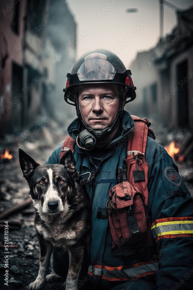 Volunteer firefighter and trained dog working rescuing people and saving lives in a city affected by an earthquake. Solidarity and humanitarian aid concept against natural disasters. Ai generated art