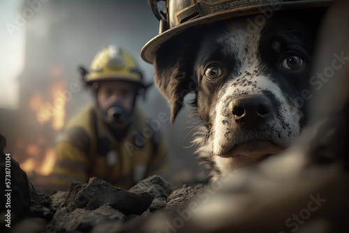 Volunteer firefighter and trained dog working rescuing people and saving lives in a city affected by an earthquake. Solidarity and humanitarian aid concept against natural disasters. Ai generated art photo