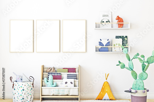 Kids room mockup and three frame, 3D rendering