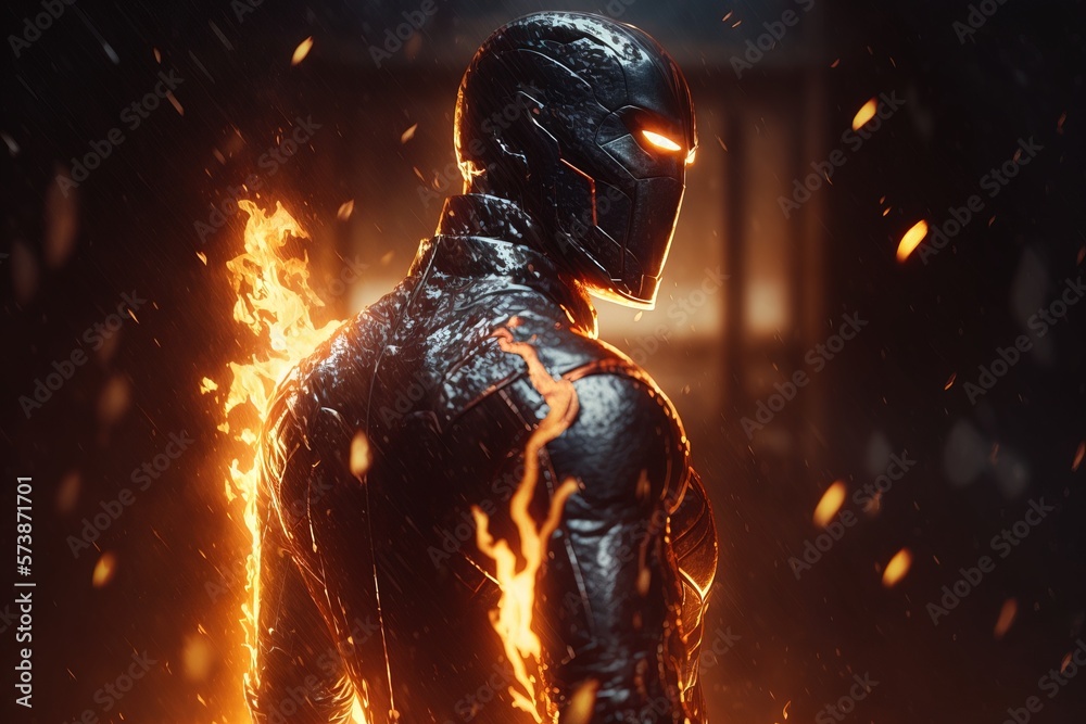 A man in a black suit standing in front of a fire background with a ...