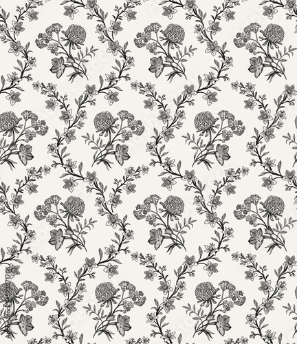 Seamless pattern. Beautiful blooming realistic isolated flowers. Vintage background. Set Clover Bluebells Heliotrope wildflowers. Damascus Wallpaper. Drawing engraving. Vector victorian Illustration