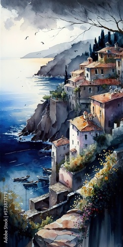 Italian seaside village landscape watercolor painting. Summer Italian town at Mediterranean sea and mountain. Generative AI