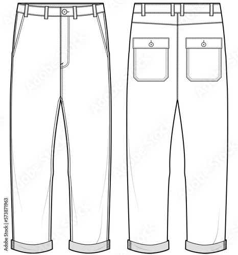 mens chaps chino pants flat sketch vector illustration technical cad drawing template