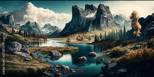 Landscape scene with mountains background and beautiful natural beauty. generative ai