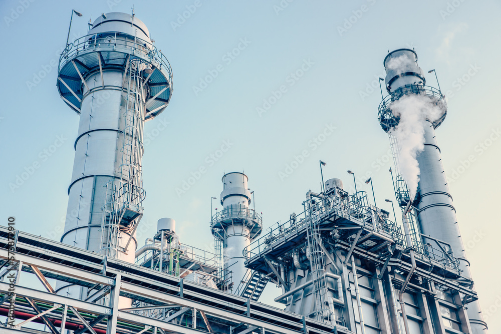 Power station clean modern factory Petroleum petrochemical industry building outdoors landscape. - obrazy, fototapety, plakaty 