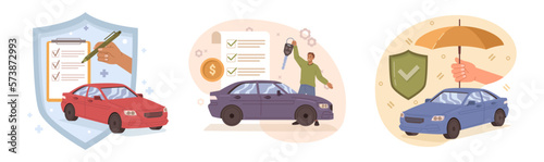 Insurance policy for vehicle, security and safety for property. Isolated cars and signed agreement between owner and agent from company. Vector in flat style