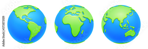 Planet earth globes, geography and traveling. Isolated icons of worldwide view, landscape of lands and oceans, seas and continents. 3d style vector illustration