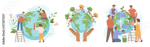 Preserving and caring for earth nature and environmental health, biodiversity and greenery. Using alternative energy and growing plants. Vector in flat style