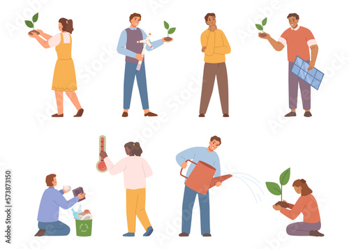 People caring for the planet, isolated ecologically aware characters. Growing plants and sprouts, using renewable sources of energy. Vector in flat style