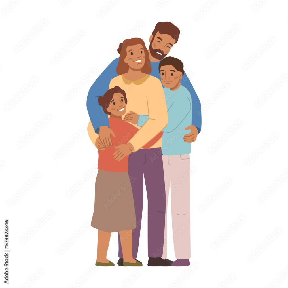 Hugging parents and children, home and love relationship between family members. Security and respect among relatives. Flat cartoon character, vector illustration
