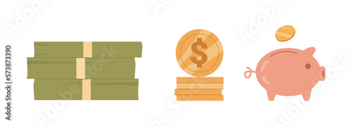 Financial assets and money, wealth and economy. Isolated dollar banknotes and piggy bank with coins. Saving and earning. Flat cartoon, vector illustration