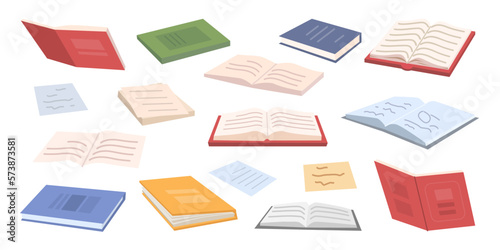 School or university textbooks, diaries and books with assignments. Literature and reading hobby. Education and studying. Flat cartoon, vector illustration