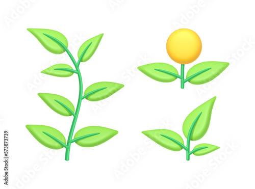 Flower plant in blossom, isolated sprouts with foliage and stems. Greenery and ecology awareness, branches and twigs of flora. 3d style vector illustration