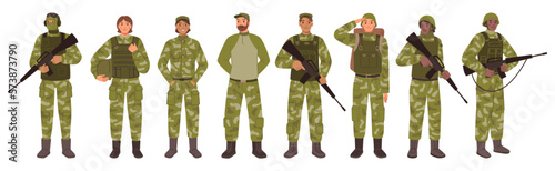 Tableau sur toile Service people, military men and women with guns wearing special clothes, fighters set
