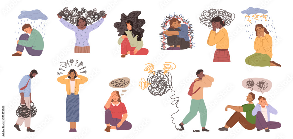 Nervous and anxious people with messed up and mixed feelings and thoughts. Characters concerned or worried, overthinking men and women. Vector in flat style