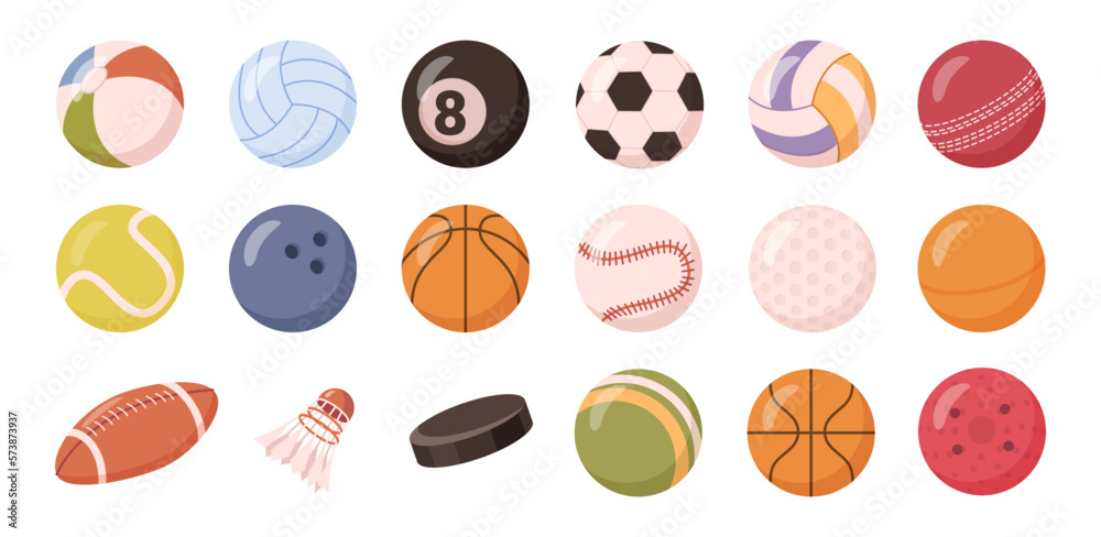 Sports hobby, ball equipment for football, basketball and volleyball. Isolated icons of ball for tennis and rugby, cricket and bowling. Vector in flat style