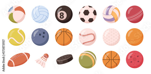 Sports hobby, ball equipment for football, basketball and volleyball. Isolated icons of ball for tennis and rugby, cricket and bowling. Vector in flat style