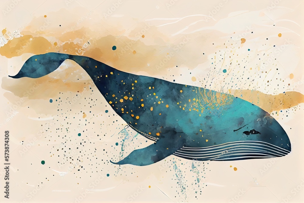 A blue whale with yellow spots on its body and tail is swimming in the ...