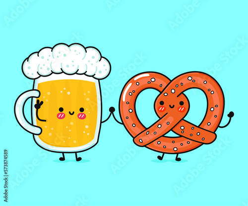 Cute, funny happy glass of beer and pretzel. Vector hand drawn cartoon kawaii characters, illustration icon. Funny cartoon glass of beer and pretzel mascot character concept