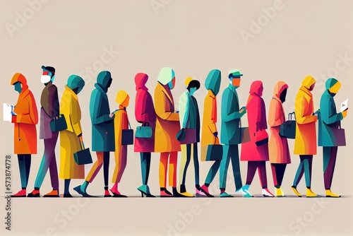 A group of people standing in a line with a man in a yellow jacket and a woman in a red coat colorful flat surreal design art les automatistes photo