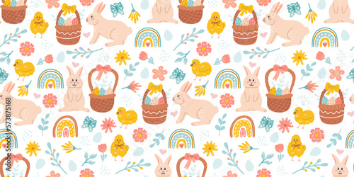 Cute Easter seamless pattern  bunnies  egg baskets  flowers and chickens. Ideal for paper and textile products