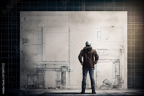 A man standing in front of a drawing of a building with a hood on and a hat on blueprint a digital rendering modular constructivism photo