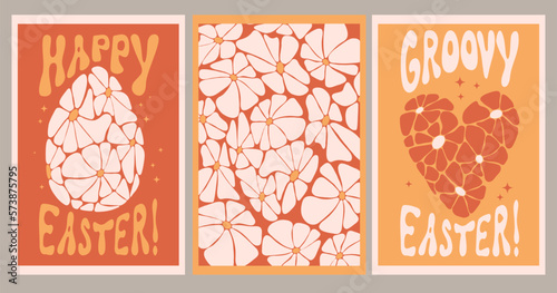 Collection retro Easter posters. Easter egg and heart from daisy flowers. Vector Illustration retro groovy pattern with hand drawn Daisy Flowers. Aesthetic modern art. Hippie 60s, 70s, 80s style.