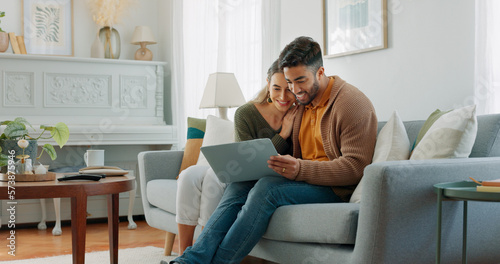 Billede på lærred Laptop, living room and couple search website information for home investment, loan or real estate property discussion on sofa