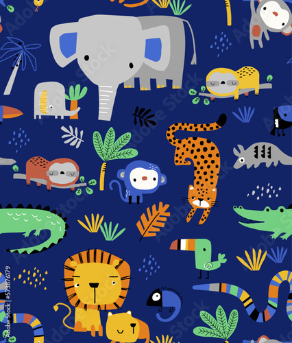 Vector Seamless child's pattern of animals in boho style.Vector colored seamless children's pattern with adorable elephant and giraffe in scandinavian style on a white background.