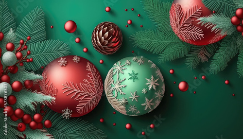 Generative AI Christmas background with fir branches and balls  snowflakes on green background. Festive design template for winter holidays