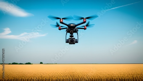 Drone flies over a field with a harvest, Generative AI