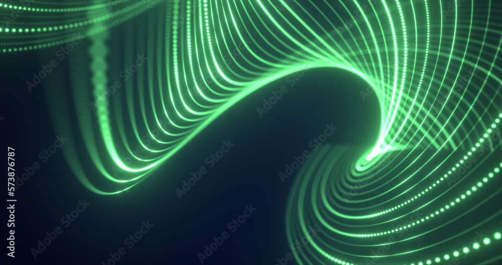 Abstract green waves from lines and dots particles of glowing swirling futuristic hi-tech with blur effect on dark background. Abstract background Abstract green waves from lines and dots particles of glowing swirling futuristic hi-tech with blur effect on dark background. Abstract background