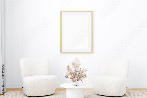 Wood frame mockup in white interior, 3d render