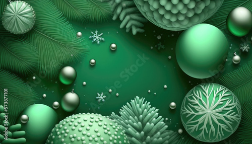 Generative AI Christmas background with fir branches and balls  snowflakes on green background. Festive design template for winter holidays