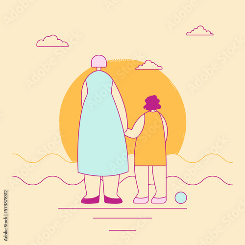 mom and daughter are watching sunset.Happy family spending time together.Banner,card,print.Bright vector illustration