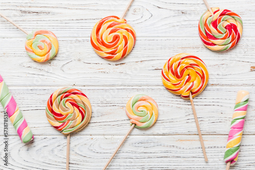 Set of colorful lollipops on colored background. Summer concept. Party Happy Birthday or Minimalist Concept